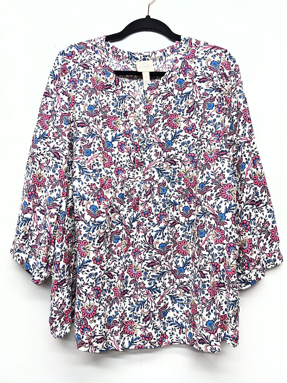 St. John's Bay Floral 3/4 Sleeve Top Women 2X Relaxed Flowy Fairy Boho Casual